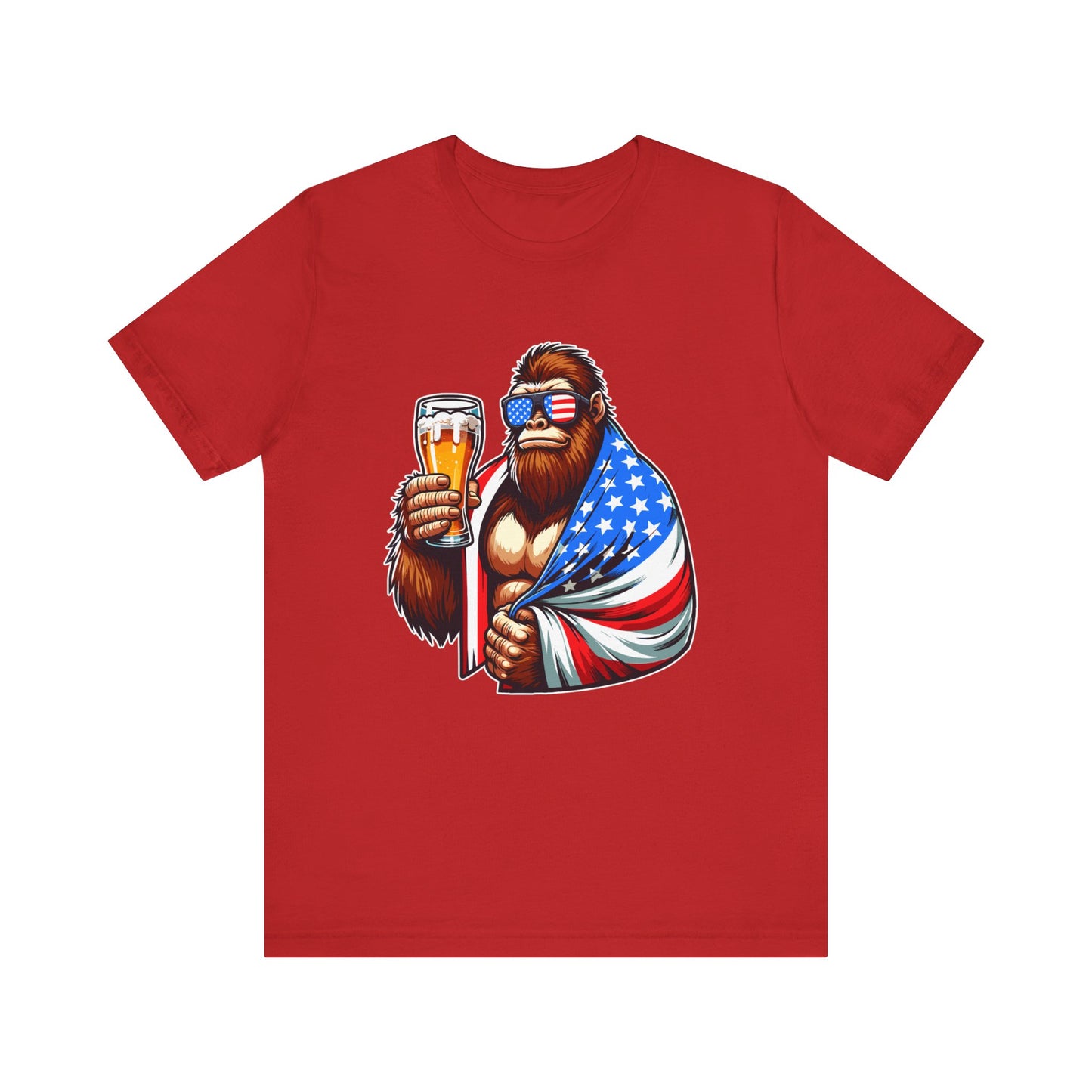 Sasquatch Holding Beer & Flag - Unisex Jersey Short Sleeve Tee