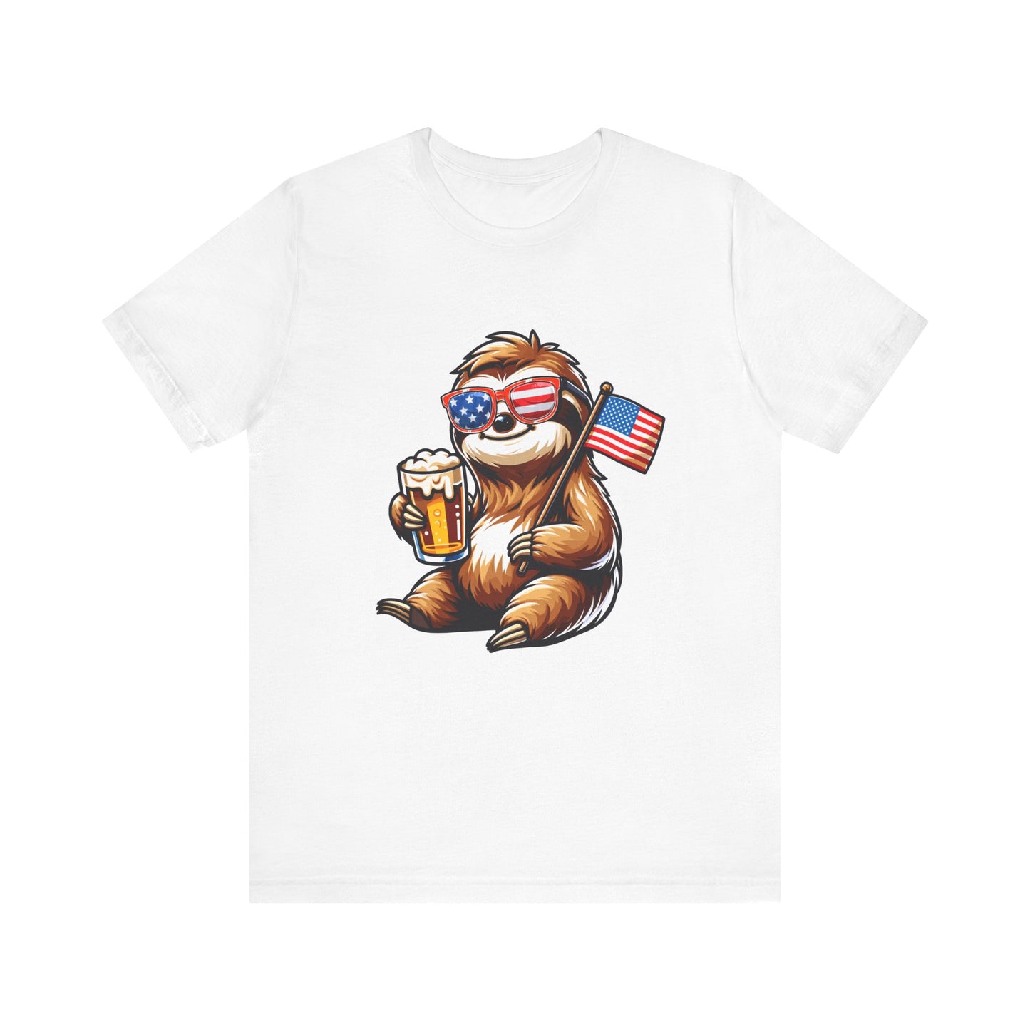 Sloth Holding Beer & Flag - Unisex Jersey Short Sleeve Tee