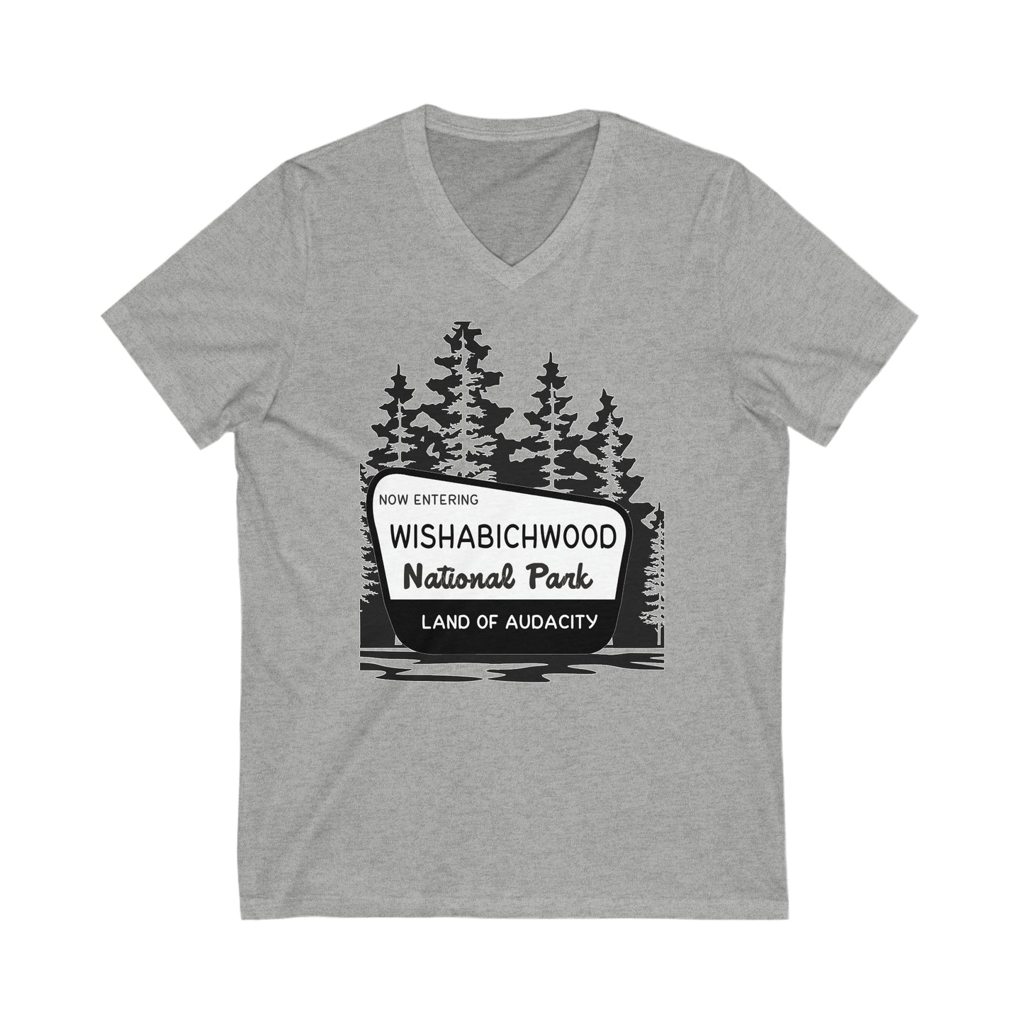 Now Entering Wishabichwood National Forest: Unisex Jersey Short Sleeve V-Neck Tee