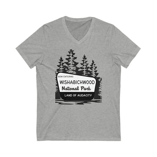 Now Entering Wishabichwood National Forest: Unisex Jersey Short Sleeve V-Neck Tee