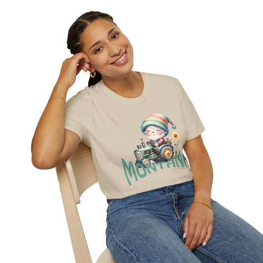 Montana Spring Gnome on a Tractor: Unisex Softstyle T-Shirt