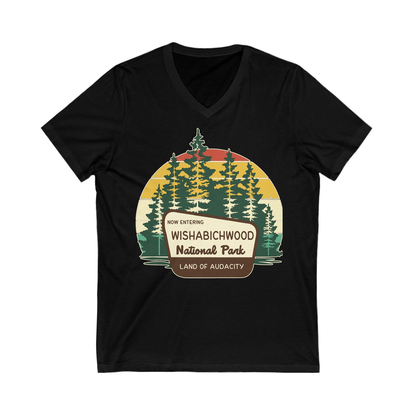 Now Entering Wishabichwood National Forest(COLOR): Unisex Jersey Short Sleeve V-Neck Tee