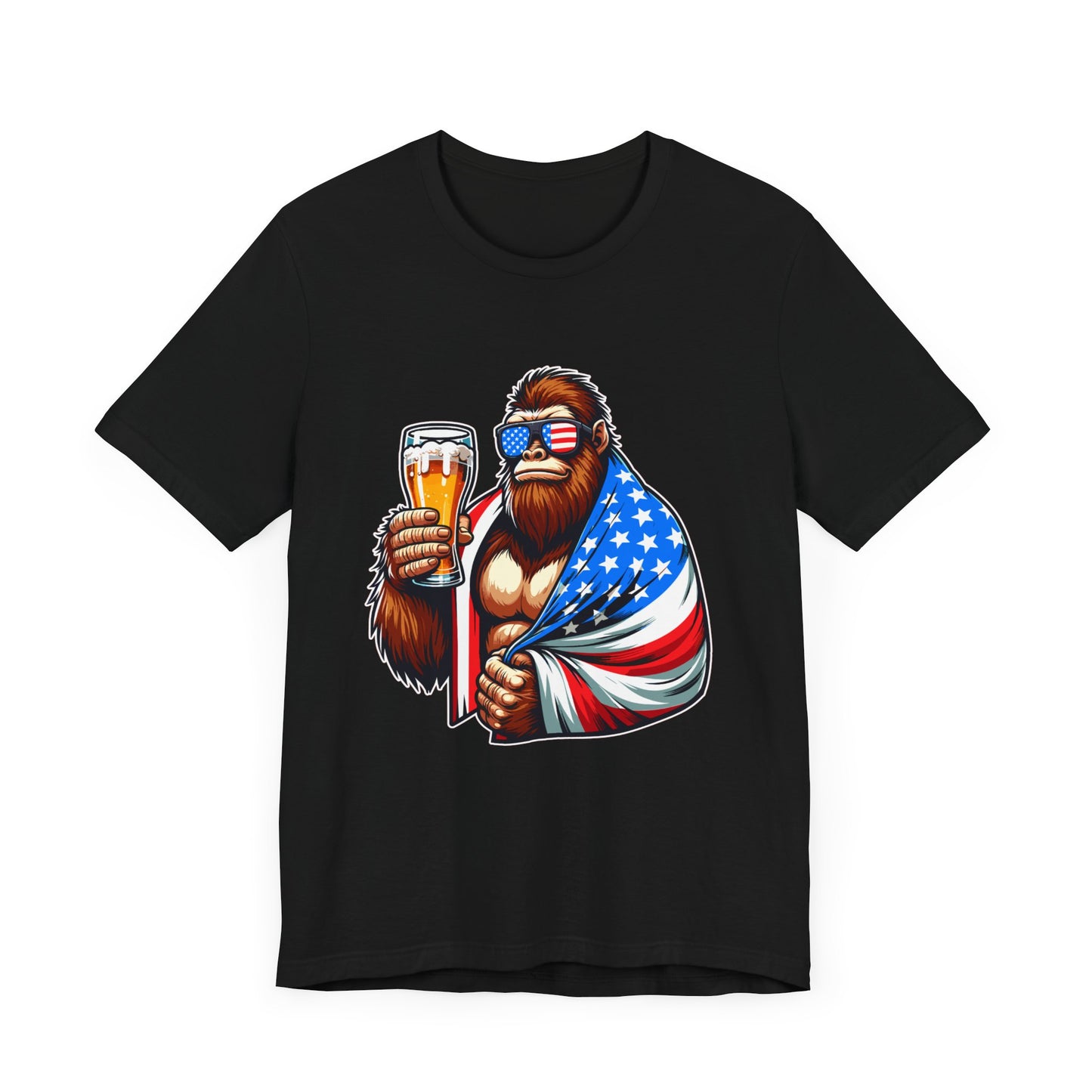 Sasquatch Holding Beer & Flag - Unisex Jersey Short Sleeve Tee