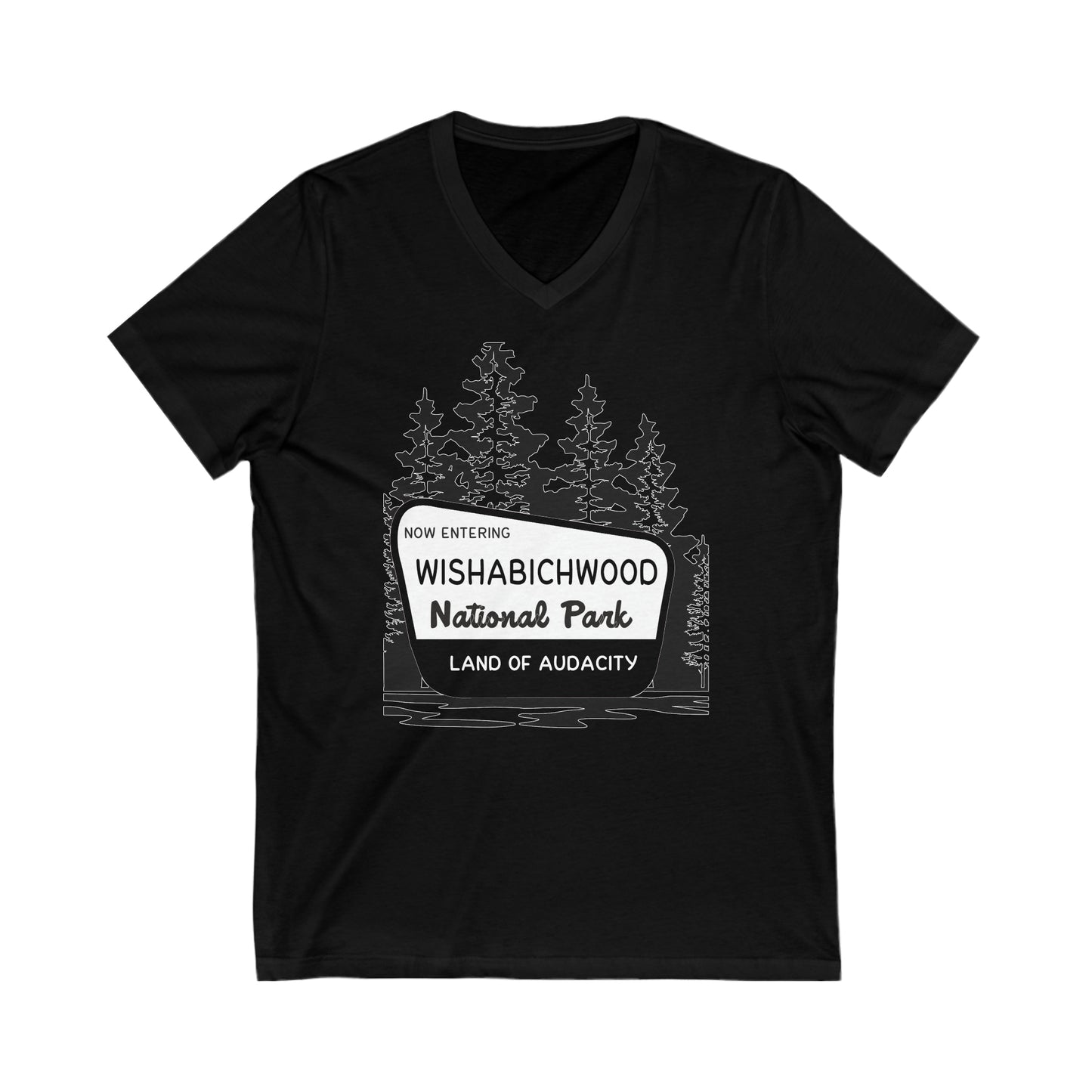 Now Entering Wishabichwood National Forest: Unisex Jersey Short Sleeve V-Neck Tee