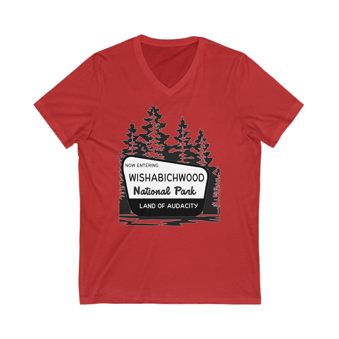 Now Entering Wishabichwood National Forest: Unisex Jersey Short Sleeve V-Neck Tee