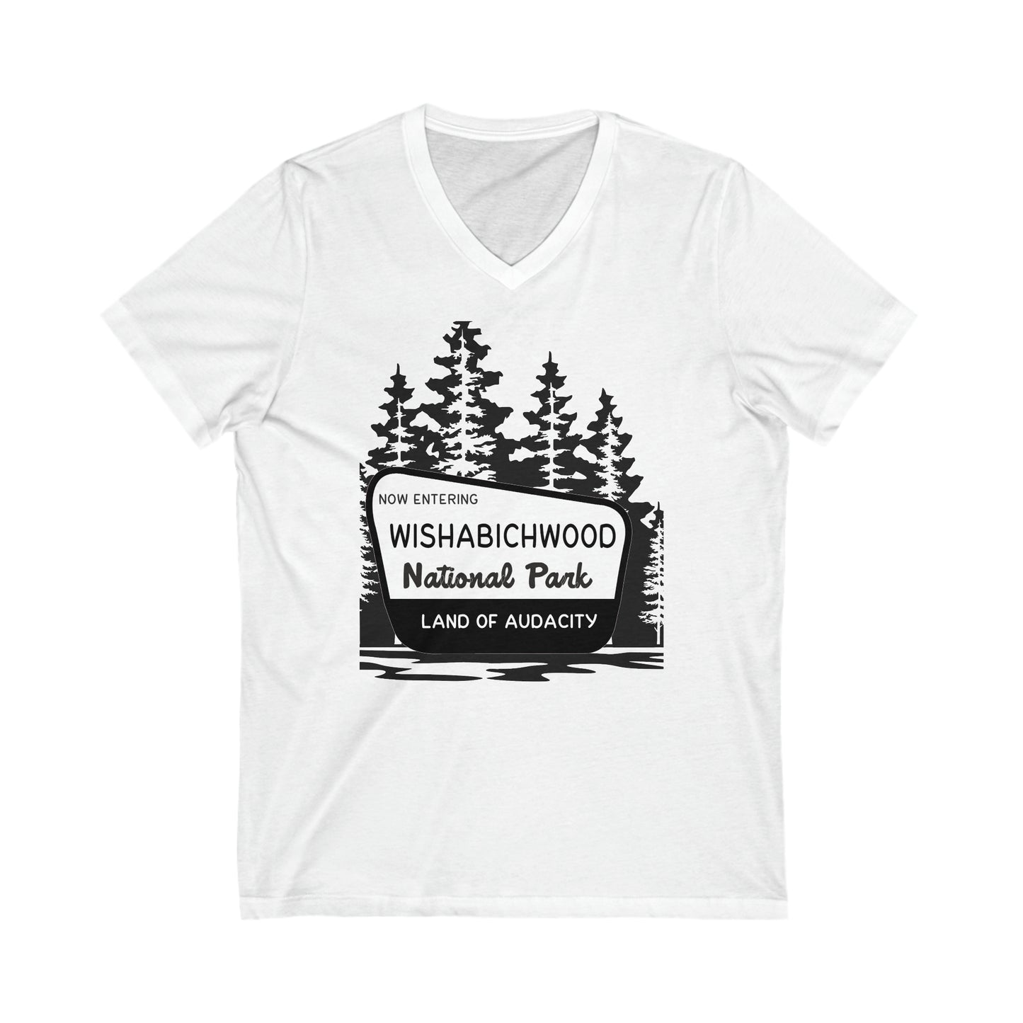 Now Entering Wishabichwood National Forest: Unisex Jersey Short Sleeve V-Neck Tee