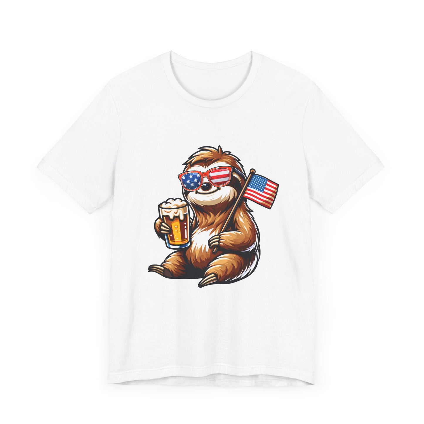 Sloth Holding Beer & Flag - Unisex Jersey Short Sleeve Tee