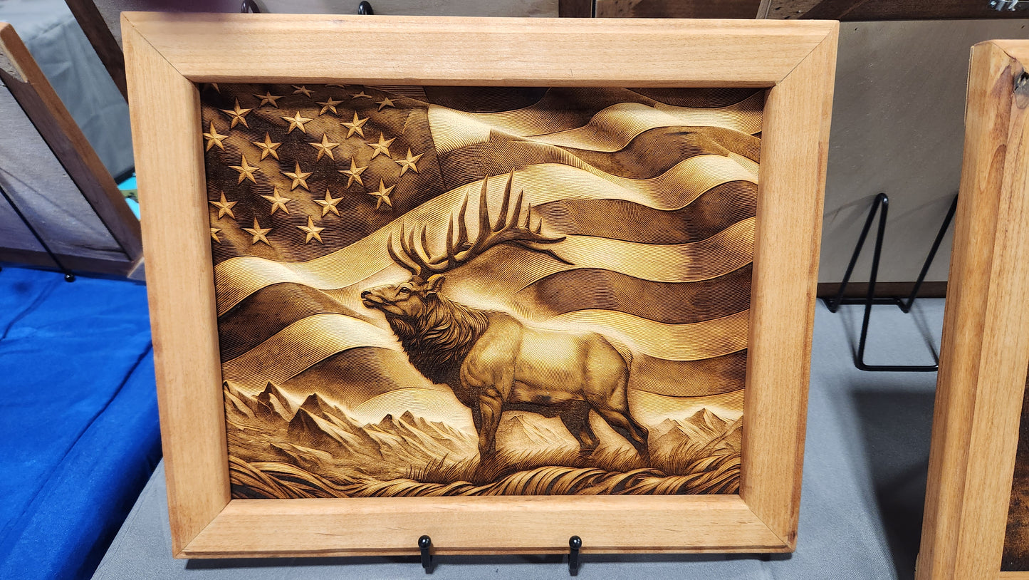 Laser Picture- Elk with Flag